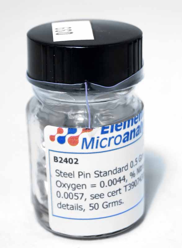 Steel Pin Standard 0.5 g Approximate values 75ppmN 30ppmO 0.0075%N 0.0030%O See certificate 240619 for actual values. 50 g